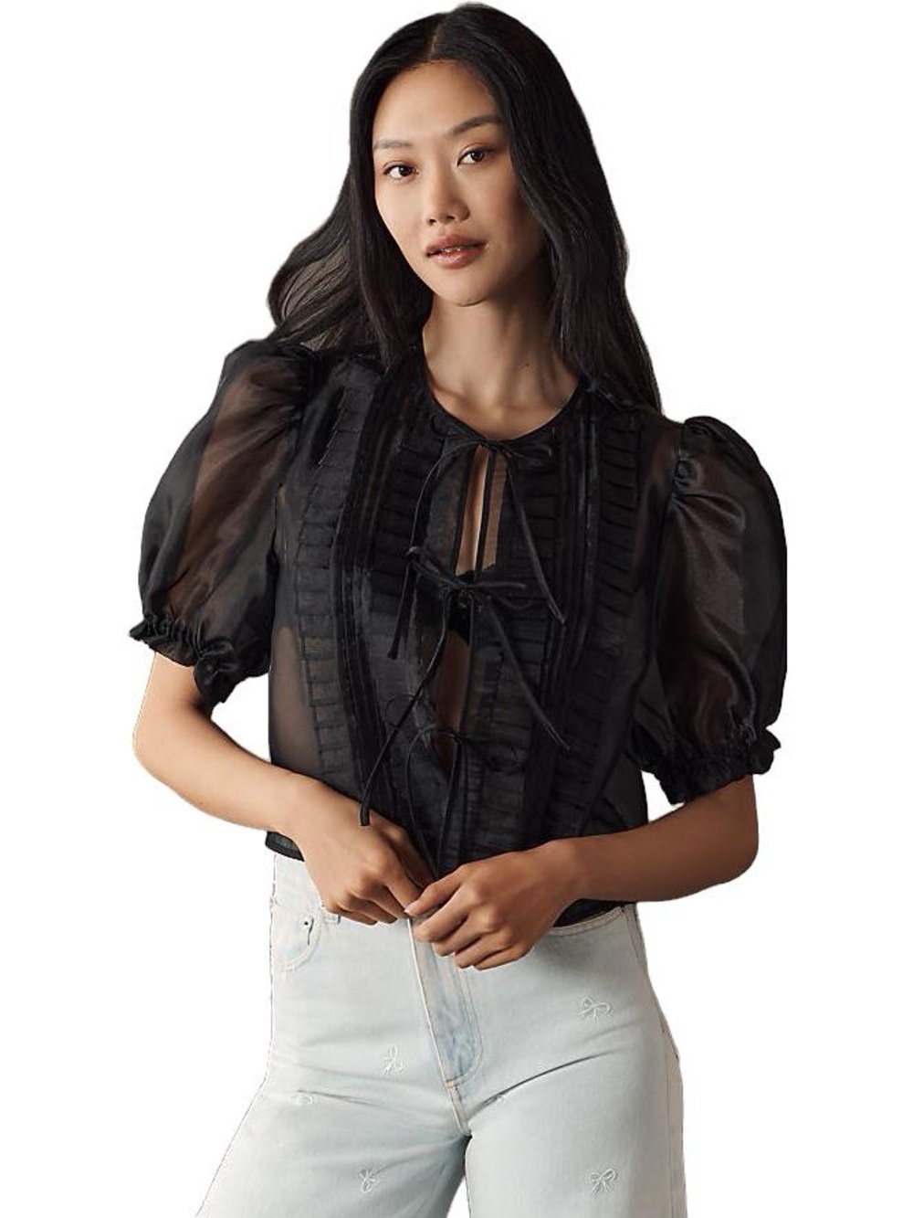 MABLE for Anthropologie Sheer Tie-Front Puff-Sleeve Blouse M/L